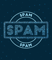 Spam. Glowing round badge. Network style geometric Spam stamp in space. Vector illustration.