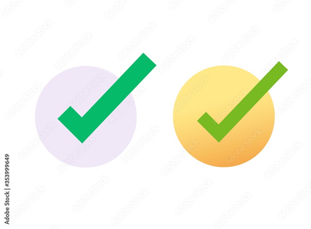 Poster check mark or tick checkbox icon and checkmark vector symbol, right choice select green color round 