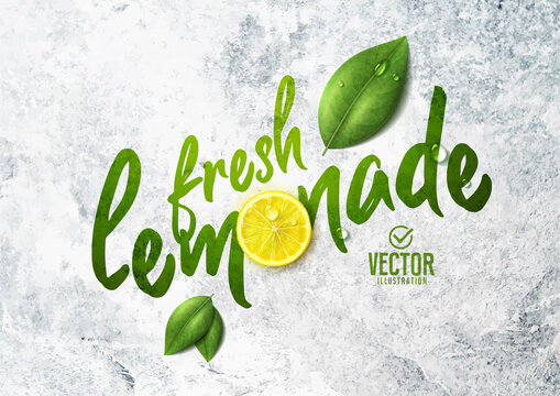 Vector realistic lemon illustration and leaves on white stone background