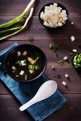 Japanese hot miso soup in a black bowl on the wooden table. Horizontal view from above