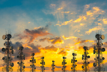 telecommunication tower at sunset sky background