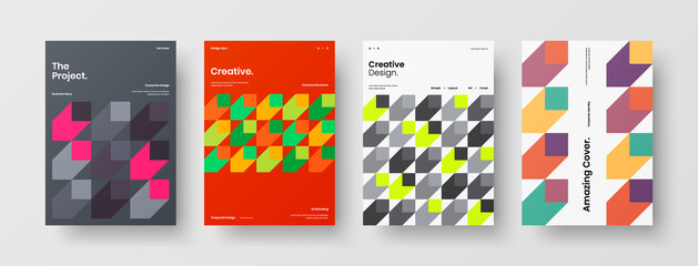 Fototapeta premium Company identity brochure template collection. Business presentation vector A4 vertical orientation front page mock up set. Corporate report cover abstract geometric illustration design layout bundle.