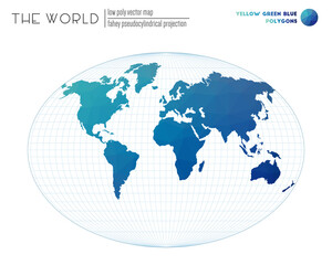 Low poly design of the world. Fahey pseudocylindrical projection of the world. Yellow, green, blue colored polygons. Trending vector illustration.