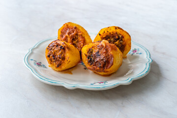 Turkish Food Dolma with Potatoes Filled with Minced Meat / Patates Dolmasi.
