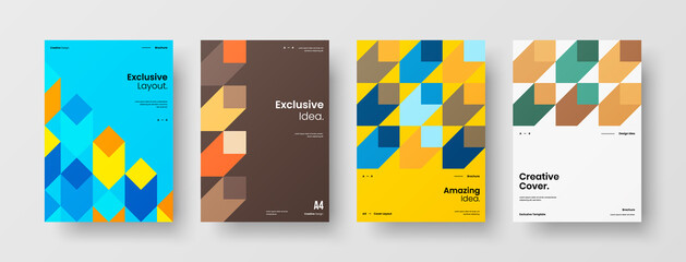 Fototapeta premium Company identity brochure template collection. Business presentation vector A4 vertical orientation front page mock up set. Corporate report cover abstract geometric illustration design layout bundle.