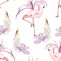 Obraz na płótnie Canvas Seamless pattern pelican, flamingo birds and succulent, lilies exotic flowers. White background.