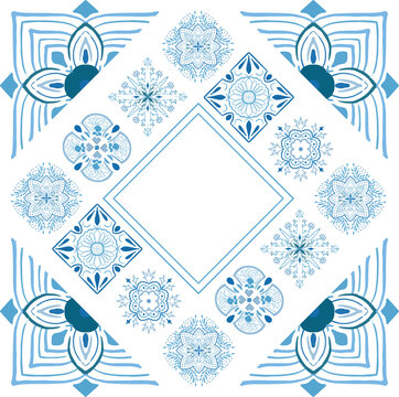 Geometric  tiles square vector  frame template. Vintage border pattern. Antique ceramic decor design.  Mediterranean blue decor. Portuguese or spanish retro old mosaic tiles.