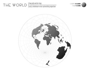 Abstract geometric world map. Airy's minimum-error azimuthal projection of the world. Grey Shades colored polygons. Beautiful vector illustration.