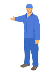 A male builder in a helmet and blue uniform shows his hand into the distance. Vector illustration. Isolated on a white background.