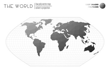 World map with vibrant triangles. Eckert V projection of the world. Grey Shades colored polygons. Elegant vector illustration.