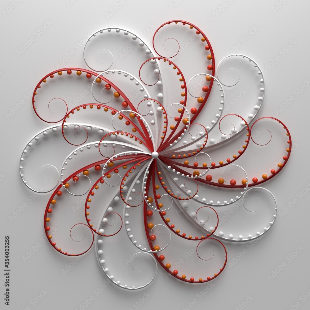 Poster 3d render of floral composition. repeat of curl elements with spheres. beautiful decorative art.