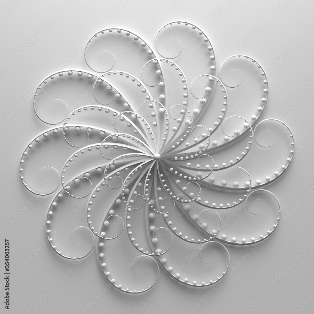 Poster 3d render of floral composition. repeat of curl elements with spheres. beautiful decorative art.