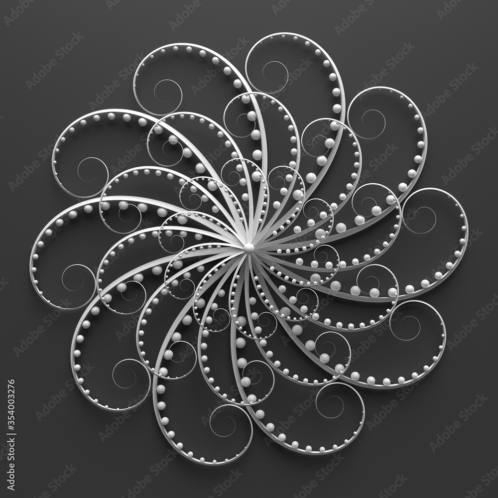 Poster 3d render of floral composition. repeat of curl elements with spheres. beautiful decorative art.