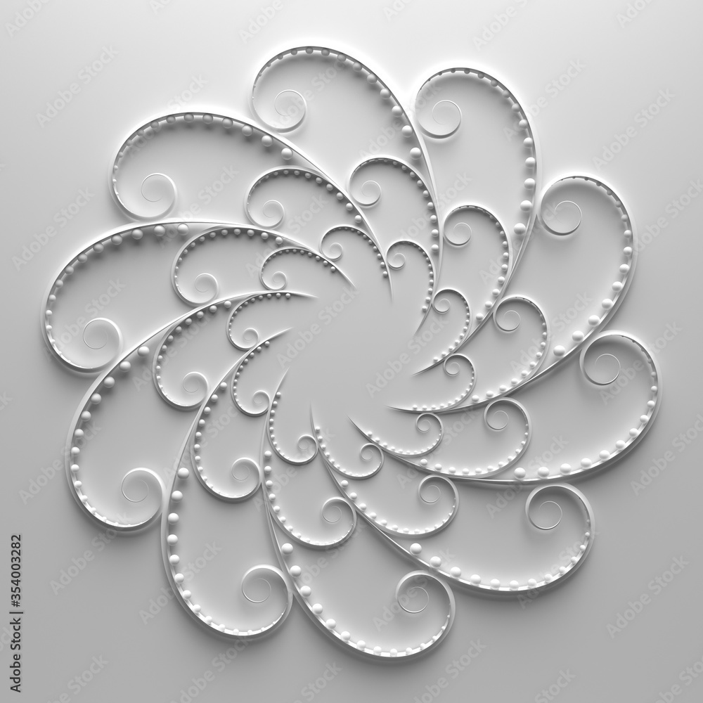 Poster 3d render of floral composition. repeat of curl elements with spheres. beautiful decorative art.