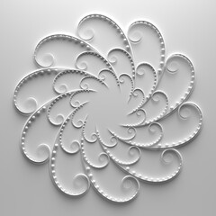 3d render of floral composition. Repeat of curl elements with spheres. Beautiful decorative art.