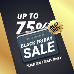 Black friday sale vector banner template design with a wallet for money and text save up your money. Big sale with gold and black paper element layout poster. The biggest discount shop offer