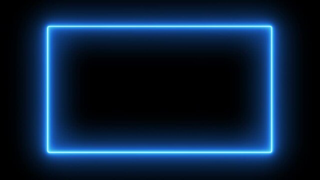 Glowing neon light rectangle frame shape animation contour line three different colors blue red green on black background