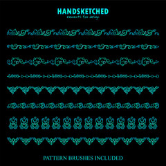 Vector set of brushes or dividers in vintage style. Birds on branch, wave arrows, hears, herbal elements in Valentine’s day symbols. Blue neon color on black. Brushes included, set 4