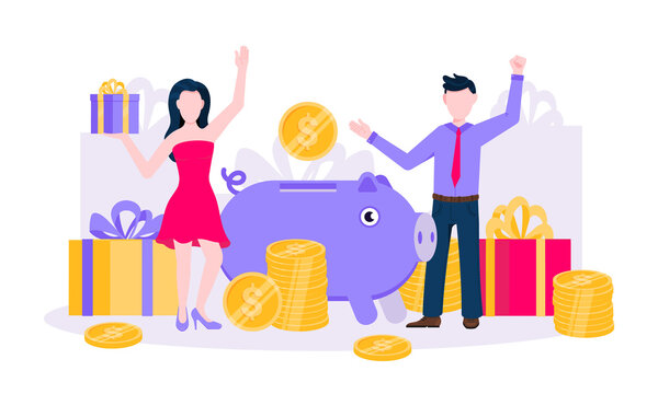 Earn points business concept flat style design vector illustration. Loyalty reward points for purchase cashback program. Earn and get bonus signs. Happy woman standing near gift boxes and piggy bank.