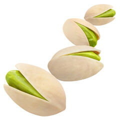 Flying pistachios, isolated on white background