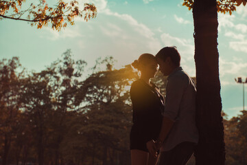 Silhouette couple kissing in the park.
