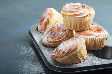 Muffins in powdered sugar in a baking pan. Copy space