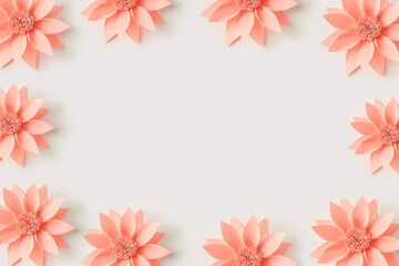 Decorative background from pink paper flowers. Copy space, workspace