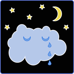 Vector cartoon cute sleeping cloud and raindrops on the background of the night sky, moon and stars. the cloud is crying. the cloud is sleeping. space. Isolated objects on a black background. 