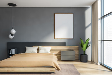 Panoramic grey master bedroom with poster