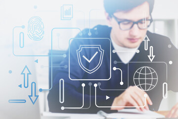 Man in glasses using mobile banking interface