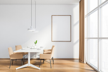 Naklejka na ściany i meble Panoramic white dining room with poster