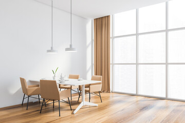 Panoramic white dining room corner, beige chairs