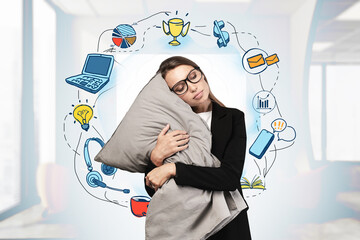 Woman with pillow, business plan sketch