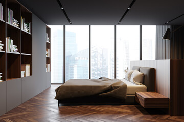 Panoramic grey bedroom with bookcase, side view