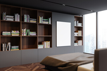 Panoramic grey bedroom with bookcase and poster
