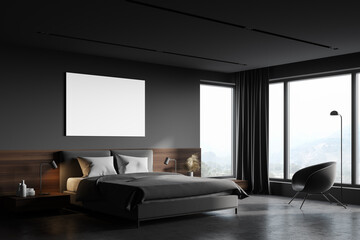 Grey and wooden master bedroom corner with poster