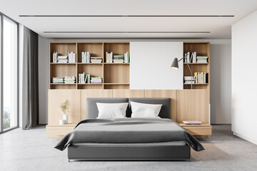 White master bedroom interior with bookcase