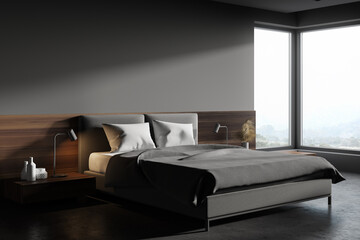 Grey and wooden master bedroom corner