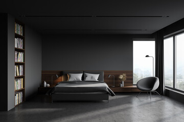 Grey master bedroom interior with bookcase