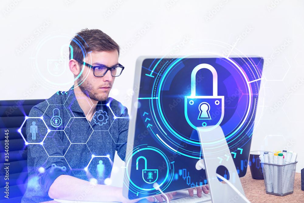 Poster engineer with computer, cyber security interface