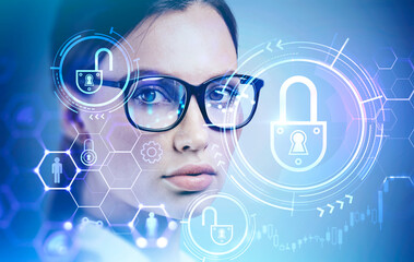 Woman in glasses, cyber security interface