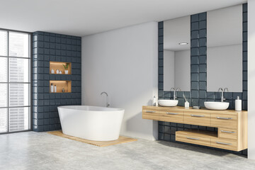 Fototapeta na wymiar White and grey tile bathroom corner, sink and tub