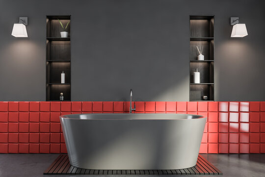 Grey And Red Tile Bathroom Interior With Tub