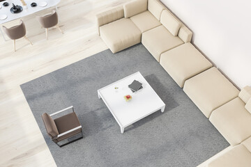 White living room and dining room, top view