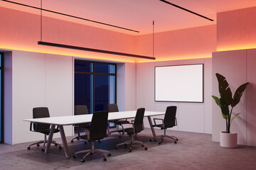 White meeting room corner with poster at night