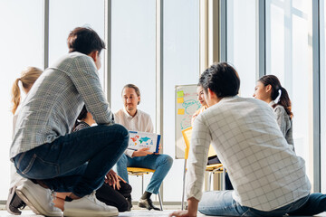 Group asian young modern people in smart casual wear having a brainstorm meeting while sitting in office background. Business presentation, Planning, Strategy, New business development,Startup concept