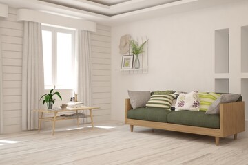 White living room with sofa. Scandinavian interior design. 3D illustration