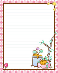 Vector printing paper note, A4 size. Lined paper blank for notebook, diary, letters, planners, notes. Kawaii art of plants on cute pink background, stars and mushrooms