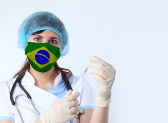 Scientist woman and mask with Brazil flag. Research of viruses in laboratory for prevention of a pandemic in Brazil