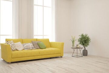 White living room with yellow sofa and green home plant. Scandinavian interior design. 3D illustration